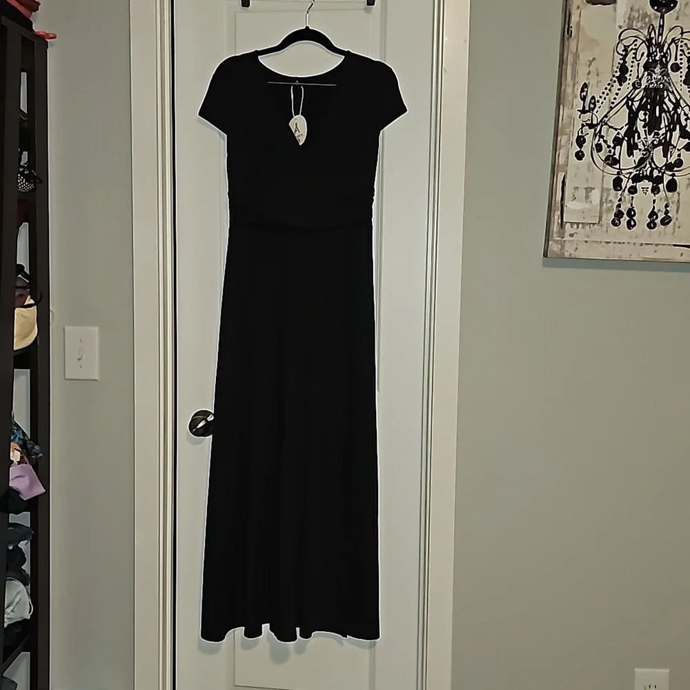 ANRABESS DeepV Neck Short Sleeve NWT Pleated High Waist Slit Maxi Dress Party S - Picture 8 of 16